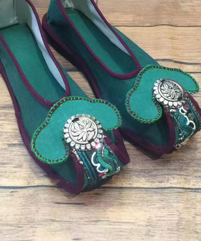 Green Embroideried Flat Shoes For Women