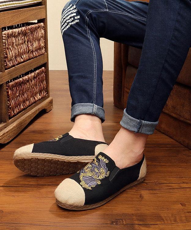 Navy Embroideried Splicing Flat Shoes Cotton Linen Fabric