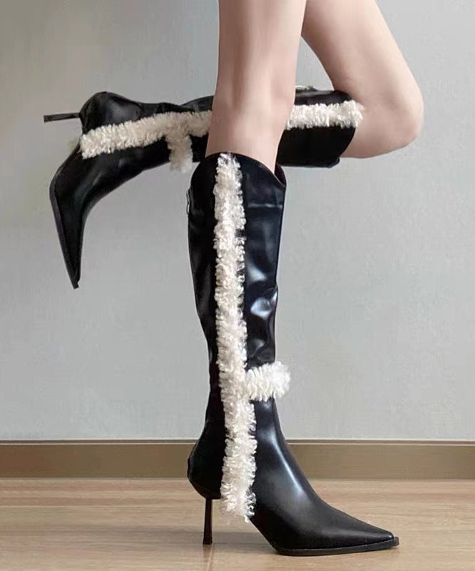 Black Stiletto Faux Leather Teddy Splicing Boots