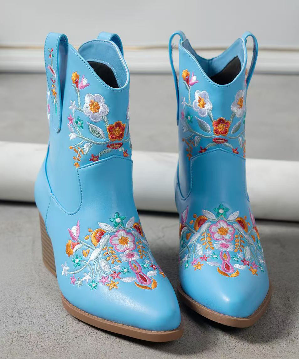 Stylish Blue Solid Chunky Faux Leather Ankle Boots Embossed