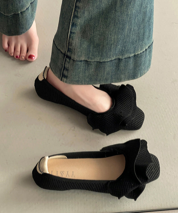 Black Comfy Knit Fabric Ruffled Splicing Flat Shoes