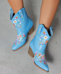 Stylish Blue Solid Chunky Faux Leather Ankle Boots Embossed