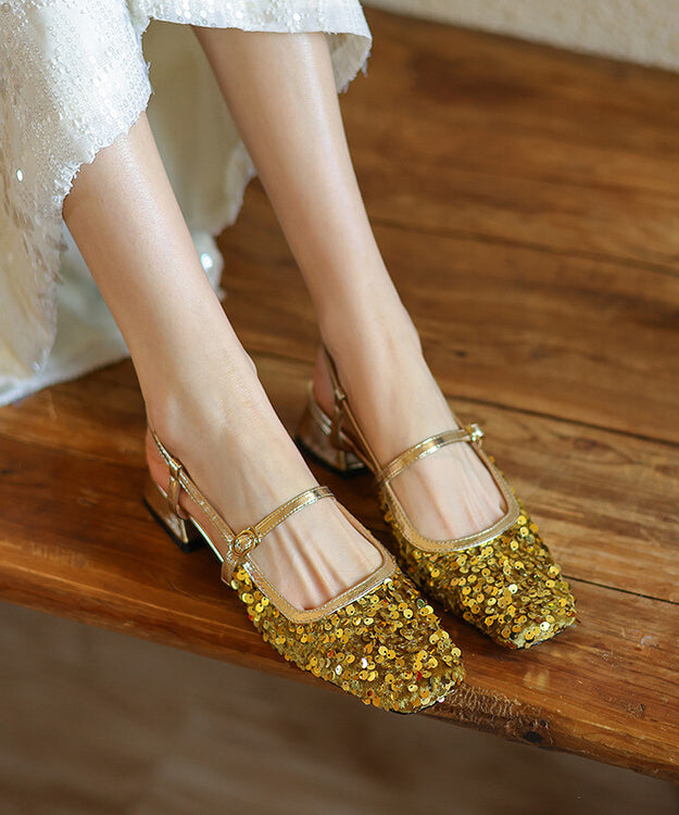 Gold Square Toe Chunky Heel Buckle Strap Sequins Sandals