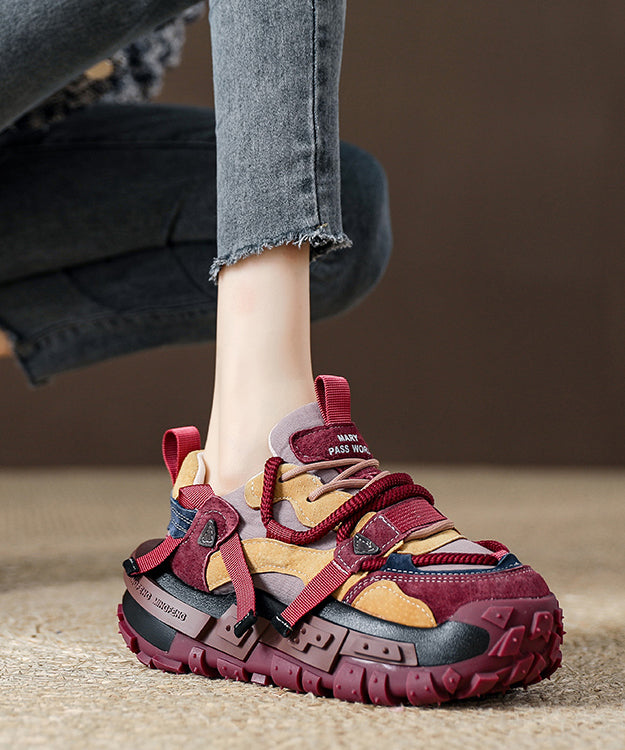 Red Suede Platform Flat Sport Shoes Splicing Lace Up