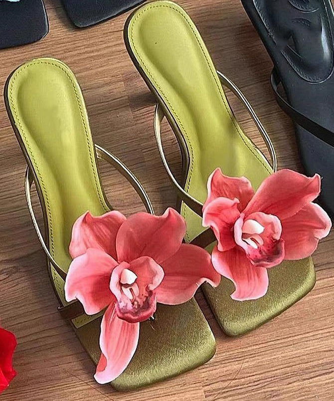 Green Floral Handmade Splicing High Heels Slide Sandals