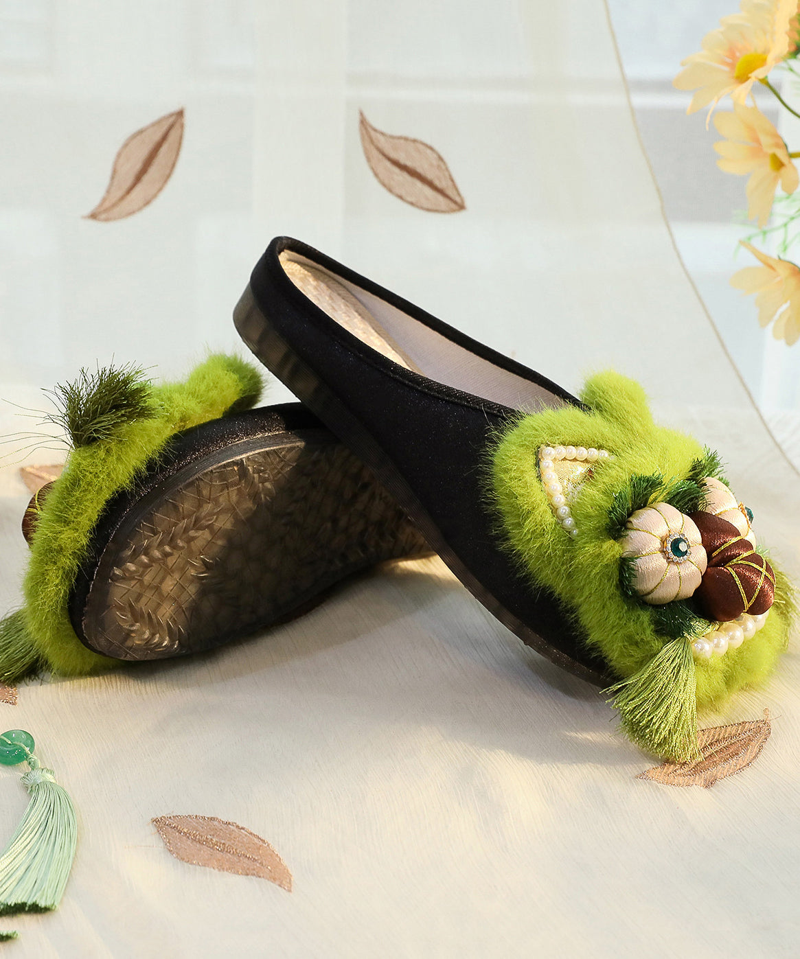 Green Cotton Fabric Slippers Shoes Nail Bead