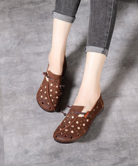 Classy Hollow Out Cowhide Leather Flat Shoes For Buckle Strap Flats