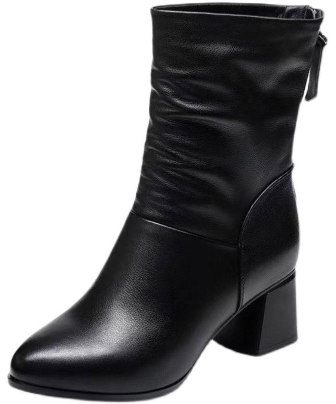 Black High Heel Genuine Leather Splicing Ankle Boots