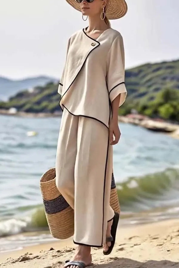 Color Trim Asymmetrical Casual Top and Elastic Waist and Wide-leg Pant Set