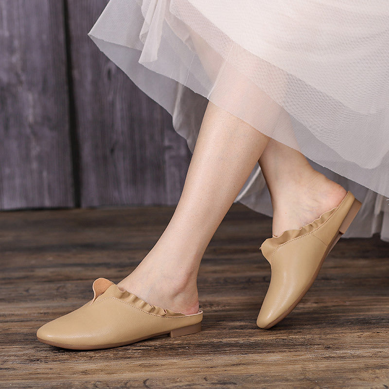 Summer Vintage Leather Ruffle Trim Casual Slippers