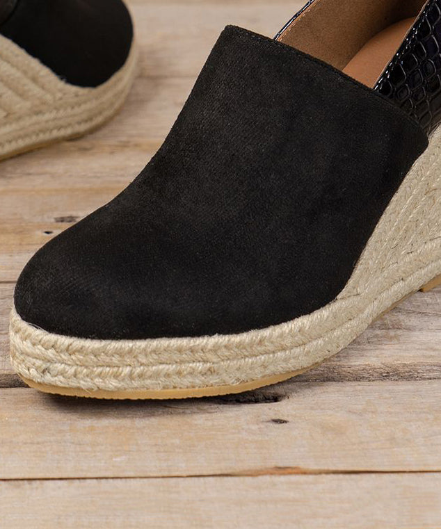 Black Splicing Suede High Wedge Heels Shoes Zippered