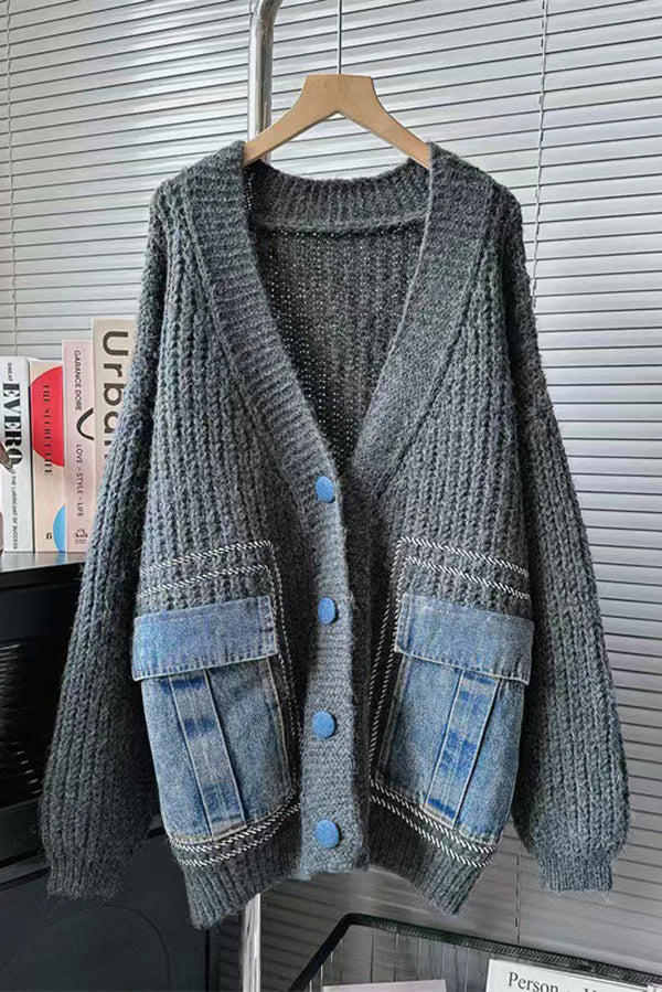 Loose Spliced denim Pocket Knitted Sweater Cardigan