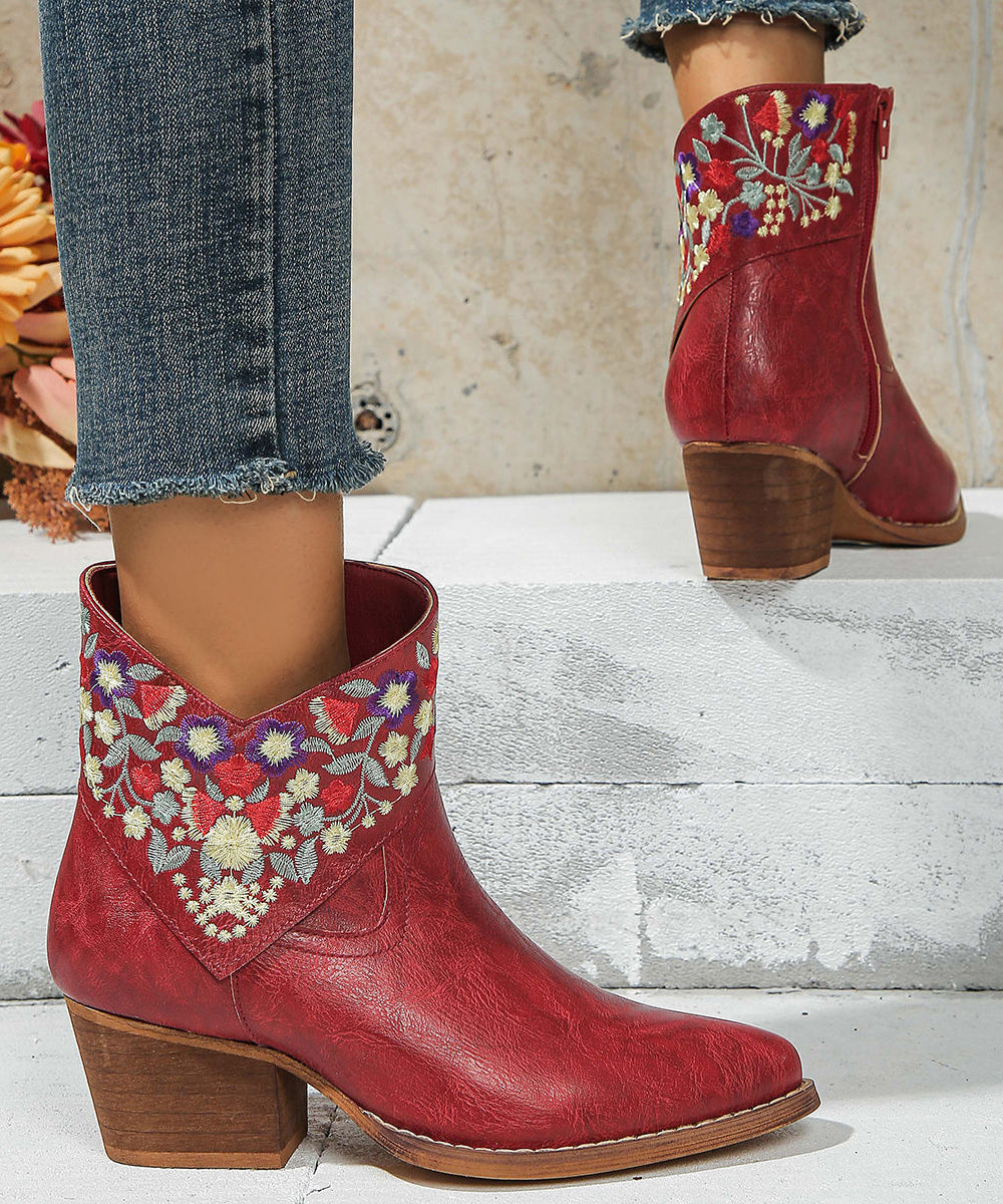 Red Embossed Zippered Faux Leather Chunky Boots