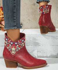 Red Embossed Zippered Faux Leather Chunky Boots
