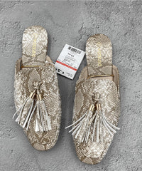 French Apricot Tassel Faux Leather Slide Sandals