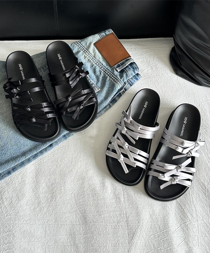 New Fashion Versatile Silver Bow Platform Slide Sandals