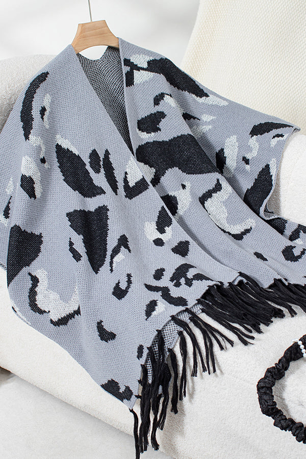 Leopard Print Contrast Tassel Hem Loose Knitted Shawl