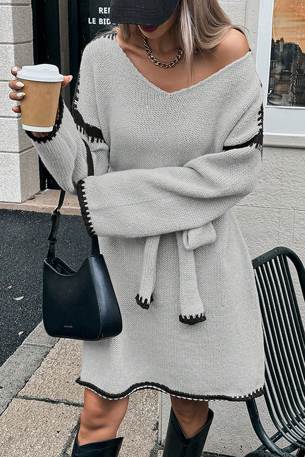 Loose-fitting Long-sleeved Tie-waist Knit Mini Dress
