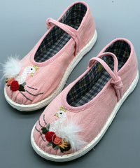 Pink Linen Fabric Flat Shoes For Embroidery Splicing Buckle Strap