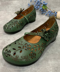 Green Hollow Out Genuine Leather Flat Feet Shoes