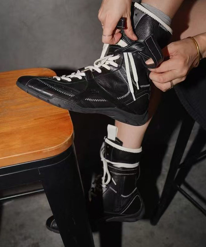 Splicing Boots Black Faux Leather Lace Up