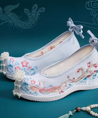 White Embroideried High Heels Shoes Wedge Satin Fabric Lace Up High Wedge Heels