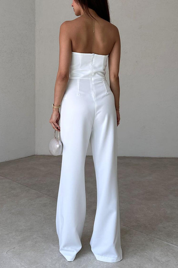 Solid Color Tube Top Gold Button Embellished Bootcut Jumpsuit