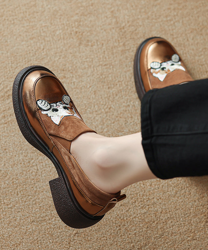 Brown Cats Embroidered Suede Splicing Chunky Loafer Shoes