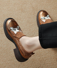 Brown Cats Embroidered Suede Splicing Chunky Loafer Shoes