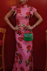 Elegant party cheongsam style rose print layered flared sleeve elastic long skirt