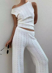 White Hollow Out Flatering Knit Vests And Straight Pants Two Piece Set Sleeveless