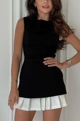 Round Neck Sleeveless Patchwork Pleated Hem Mini Dress