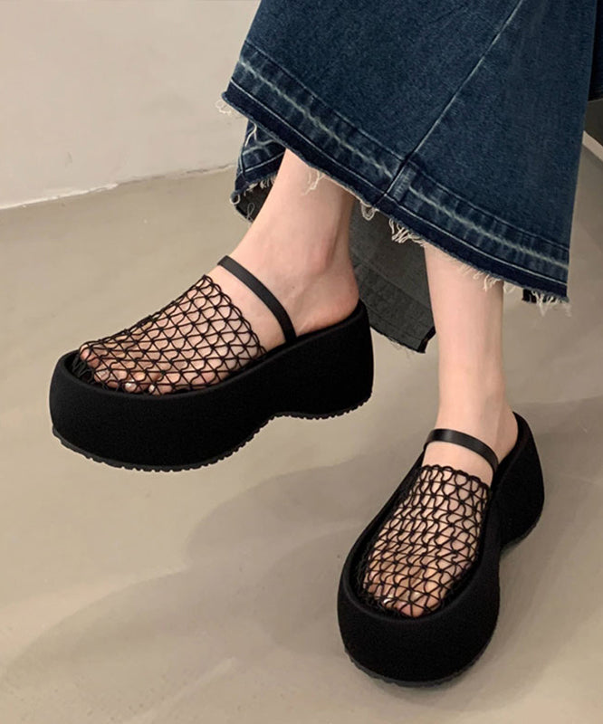 Stylish Splicing Platform Black Breathable Mesh Slide Sandals