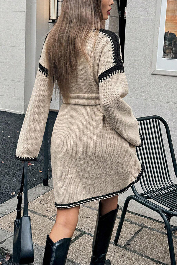 Loose-fitting Long-sleeved Tie-waist Knit Mini Dress