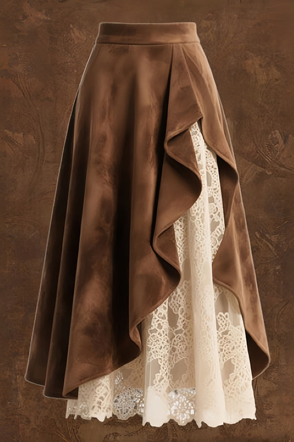 Suede and Lace Patchwork Elegant Asymmetrical Midi Skirt