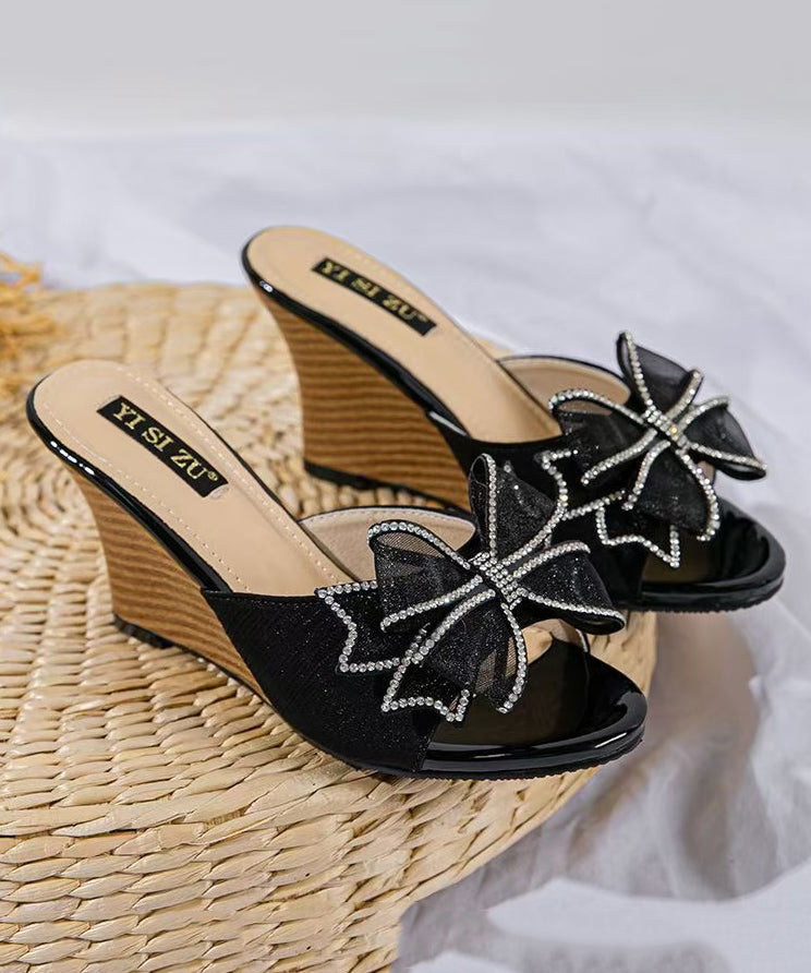 Stylish Splicing Wedge Heels Slide Sandals Black Bow Peep Toe