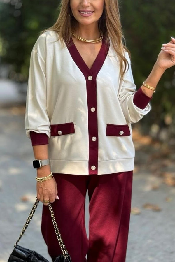 Color-blocked V-neck Knitted Button-down Cardigan and Elastic Waist Casual Wide-leg Pants Set