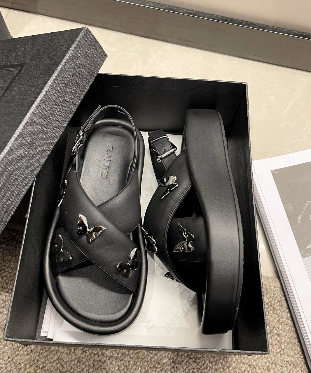 Black Peep Toe Cross Strap Platform Butterfly Splicing Sandals