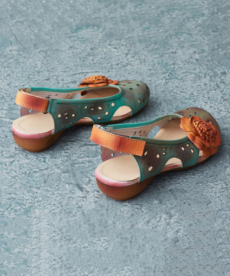 Vintage Green Cowhide Leather Hollow Out Flower Sandals