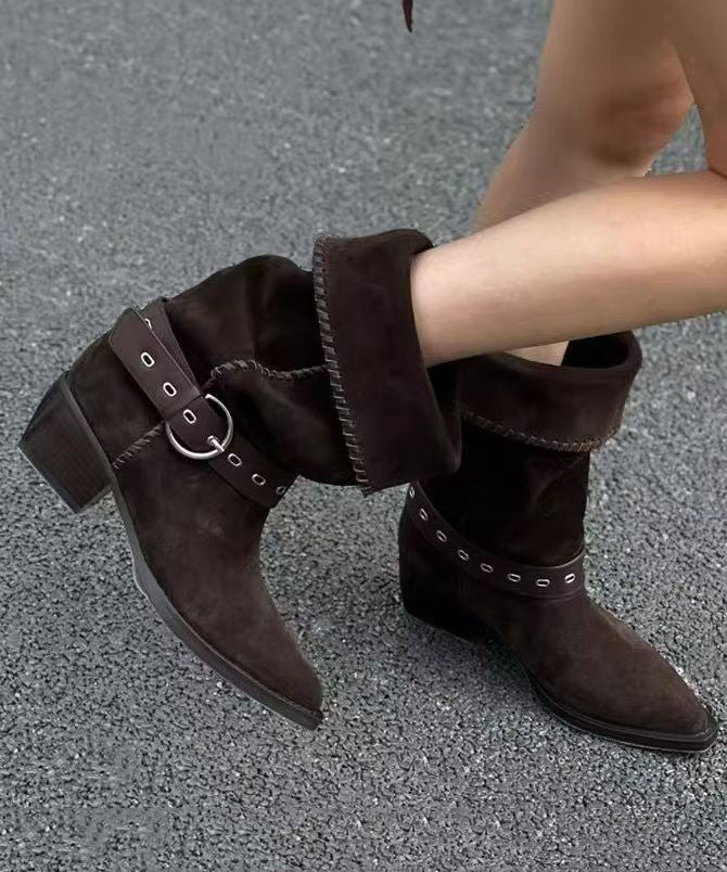 Coffee Suede Splicing Chunky Boots Pointed Toe