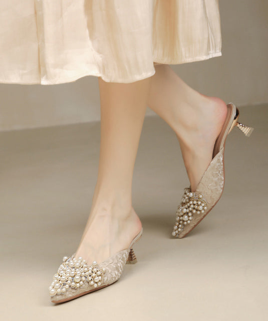 Elegant Splicing High Heel Blue Slide Sandals Nail Bead Pointed Toe