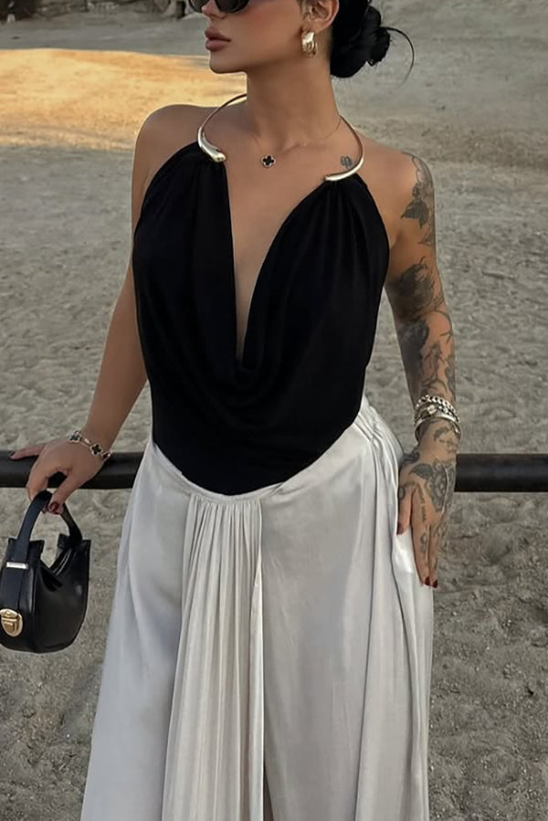 Metal Ring Halter Neck Backless Draped Sleeveless Top