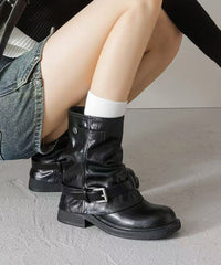 Brown Chunky Faux Leather Splicing Boots