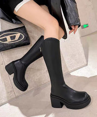 Stylish Versatile Zippered Chunky Boots Beige Cowhide Leather