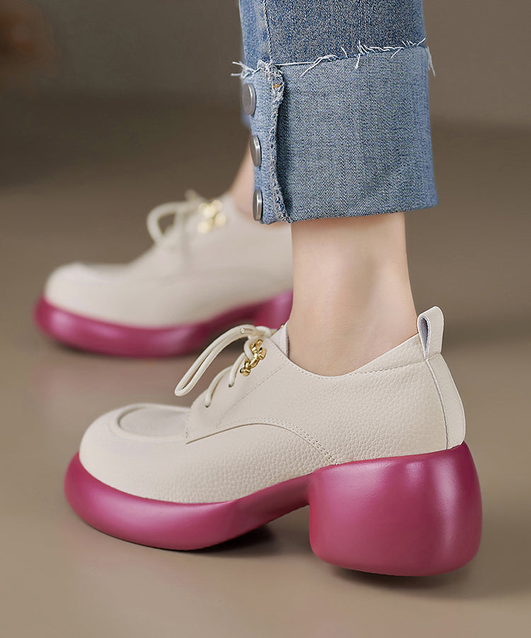 Beige Cowhide Leather Splicing Chunky Loafer Shoes Lace Up