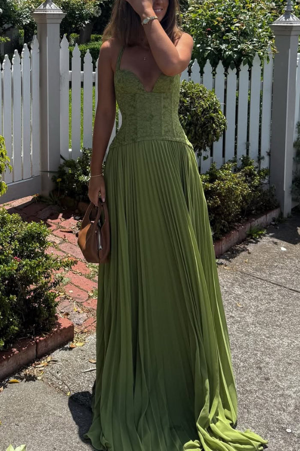 Elegant Lace Patchwork Halter Neck Tie Backless Pleated Maxi Dress
