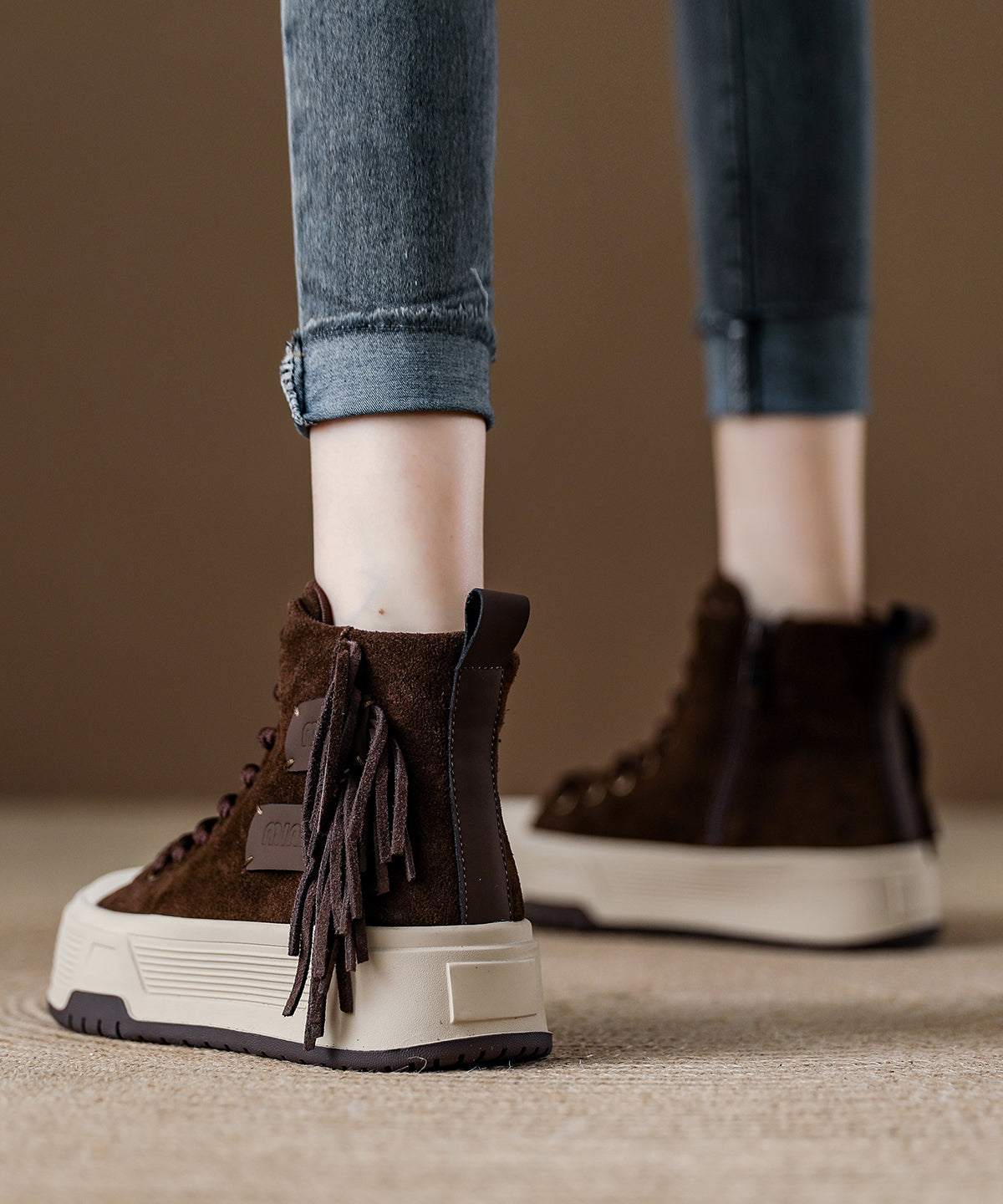 Casual Coffee Tassel Lace Up Splicing Suede Boots