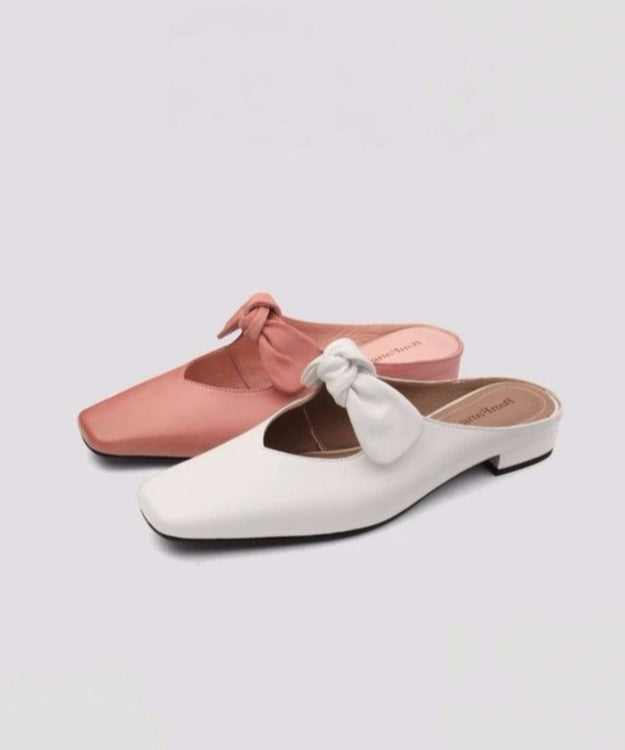 French Pink Bow Splicing Slide Sandals Square Toe