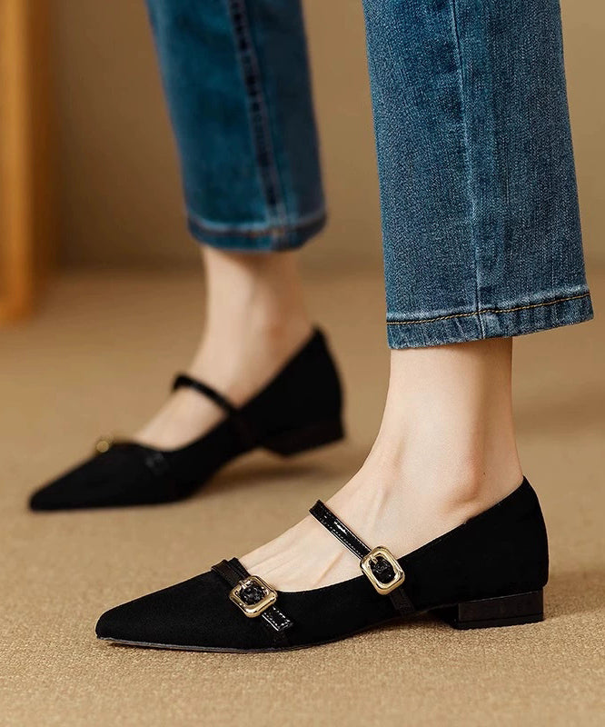 French Leopard Suede Flats Shoes Buckle Strap Pointed Toe