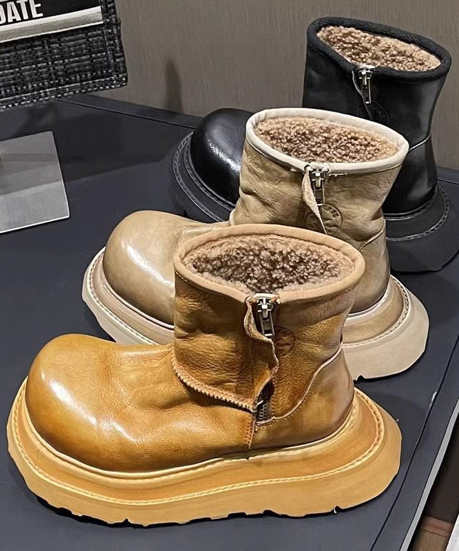 Caramel Faux Leather Boots Fuzzy Wool Lined Splicing Zippered